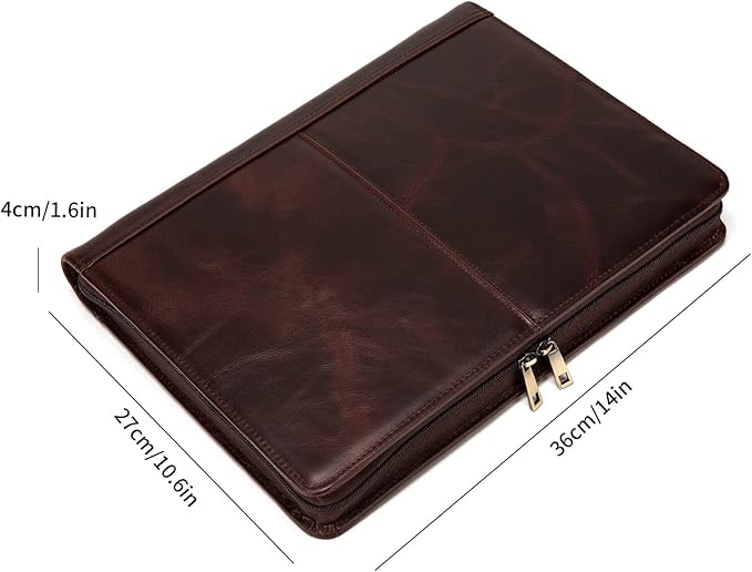 YIWEN Handmade Leather Portfolio, Zippered Padfolio Organizer Case, 8.5 x 11" Notepad Holder and 13" Tablet Folio, Professional Business Travel Gift for Women and Men (Dark Brown, Oil Wax Leather)