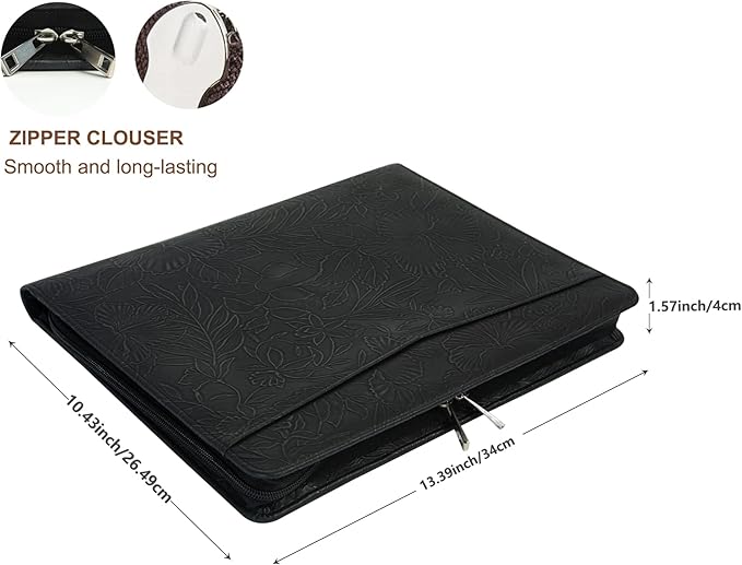 AZXCG Leather Portfolio with Zipper, Embossed PU Leather Padfolio Folio, Professional Business Document Organizer with A4 Letter Sized Writing Pad Holder(Black)