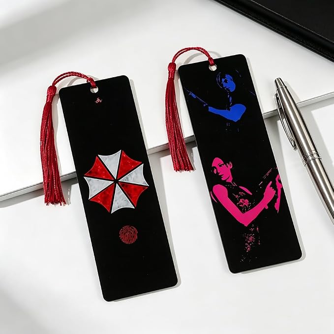 2 Pack Acrylic Bookmark Set with Red Tassels, Double Sided Survival Horror Inspired Book Markers, Anime Style Reading Accessories, Tactical Character Gift for Book Lovers Students Readers(2Pcs Evil)
