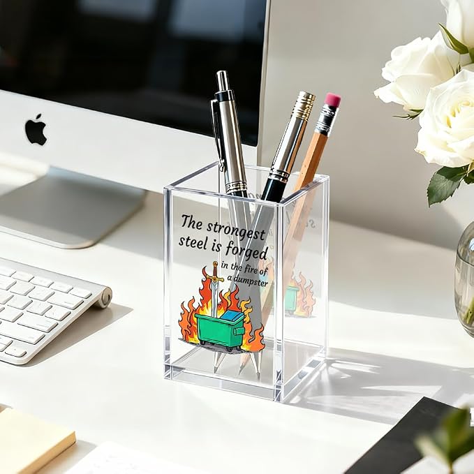 The Strongest Steel Acrylic Cosmetic Organizer Pen Holder, Funny Dumpster Fire Acrylic Desk Holder Cup for Pen Pencil, Inspirational Office Gifts for Coworker Team Manager Leader Mentor
