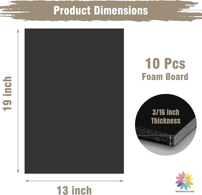 Mat Board Center, Pack of 10 Acid-Free Foam Boards, 13x19 inch Black Foam Boards, 3/16" Thick