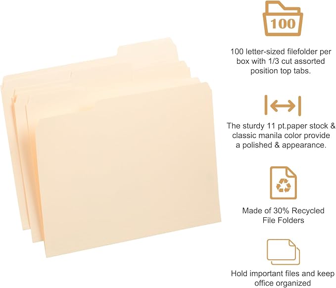 Manila File Folder, 1/3-Cut Tab, Letter Size, Manila Folders with Tab, 100 per Box