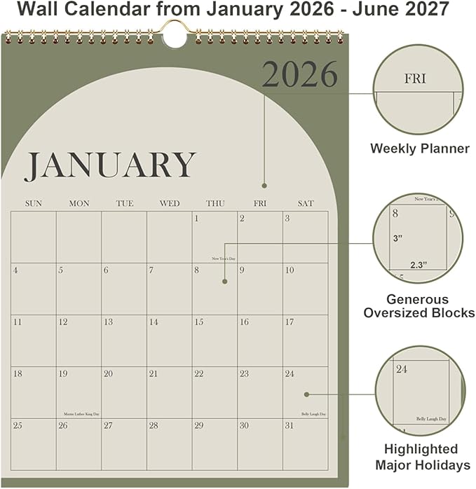 Large Calendar 2026 with Spiral Bound - 18 Month Big Calendar from January 2026 to June 2027, Vertical Large Monthly Calendario 2026 for Wall, 22" x 17", Green