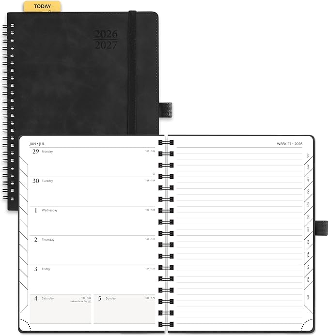 POPRUN Weekly Planner 2026-2027, 6.5" x 8.5", (July 26-June 27) Academic Weekly and Monthly Planner, Calendar Notebook 2026-2027 Agenda for School, College, Spiral Leather Softcover - Black