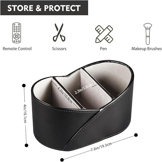 PU Leather TV Remote Control Holder with 3 Compartments, Bedside Table Remotes Caddy, Office Desk Accessories and Workspace Organizers, Storage Box to Store Pen, Controllers, Media Player, Cosmetics