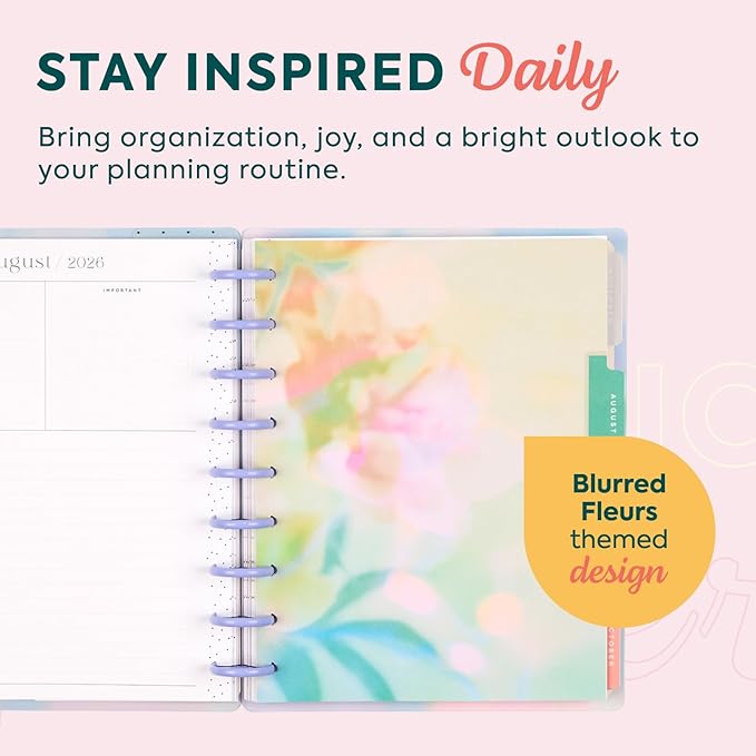 Happy Planner Disc-Bound Planner July 2026–June 2027, Includes 3 Extra Months and 2 Sticker Sheets, Classic Size, 7" x 9.25", Dashboard Layout, Blurred Fleurs