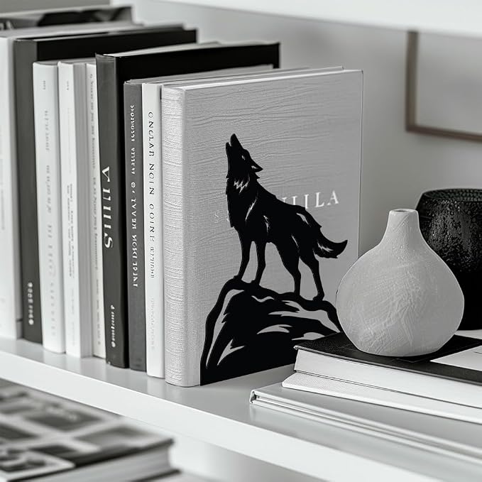 Peacoblue Metal Bookends for Shelves, Modern Decorative Heavy Duty Study Book Support Stoppers for Office, Desk, Shelf, Room 5.3"x4.3"x6.4" Cast Iron Simple Tall Bookends, 1 Pair (Howling Wolf)