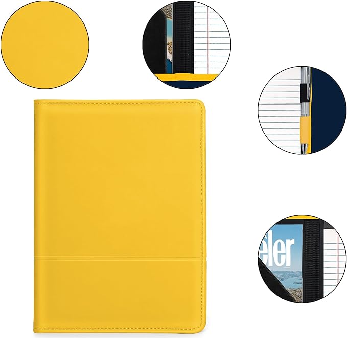 A5 Padfolio Business Portfolio Folder,Junior Size Document Folder Organizer, Padfolio with Interior Pocket and Pen Loop, 5 x 8 Writing Pad Included. Yellow