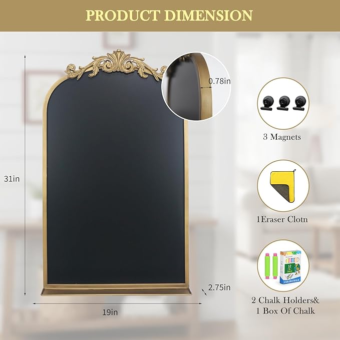 Vintage Magnetic Arch Chalkboard with Shelf - 19"x31" Decorative Wall Mounted Ornate Gold Framed Blackboard with Chalk, Clips & Cloth - Elegant Wedding Sign & Kitchen Menu Home Decor