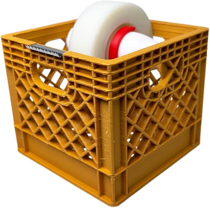 Mini Milk Crate Tape Dispenser - Cute Desk Accessories - Fun Office Supplies- Unique Unusual Desktop Organizer - Useful Novelty Practical Coworker Gag Gifts Vintage Decor Accents (Ochre Yellow)