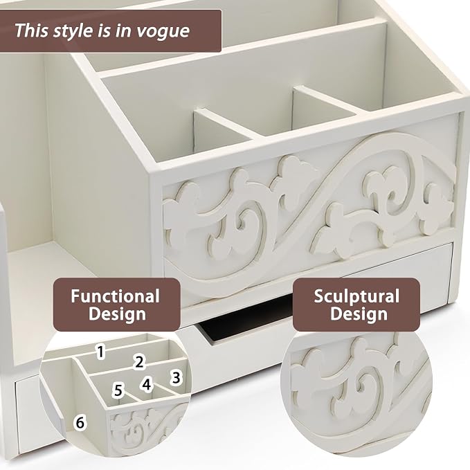 White Wooden Mail Organizer with Drawer, Three Tiered Desk Accessories for Office Organization and Storage, Stylish Countertop Document Storage, Home/Office/Classroom Supplies (White01)