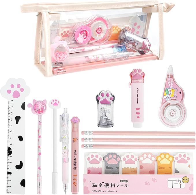 13 Pcs Cute Cat Paw Stationery Set, Kawaii Cartoon Mini Pencil Roller, Retractable Eraser, Correction Tape, Push Up Dotting Pens, Ruler, Sticky Notes, Highlighters for Kids Cat Lovers