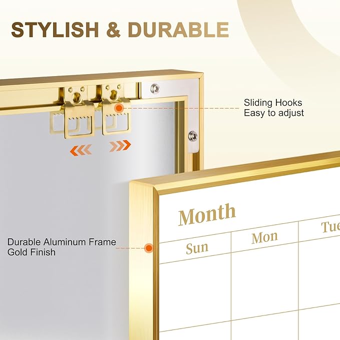 Small Dry Erase Calendar Whiteboard for Wall, 16'' x 12'' Monthly White Board Planner with Gold Frame and Corkboard, Magetic Potable Wipe Board for Home Office School Dorm