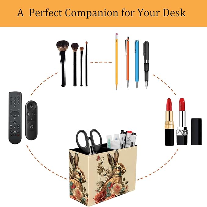 Pen Holder for Desk, PU Leather Multifunctional Desktop Storage Box and Anti-Slip Mouse Pad Set, Makeup Brush Holder Pen Organizer for Office and Home - Rabbit