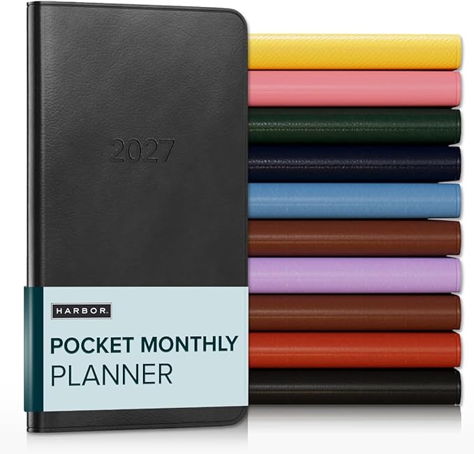 Harbor Pocket Monthly Planner 2027, Calendar Planner and Notebook, Durable Faux Leather, 18 Months, 96 Pages, Softcover & Lightweight - Cambridge Black - 6x3.25"