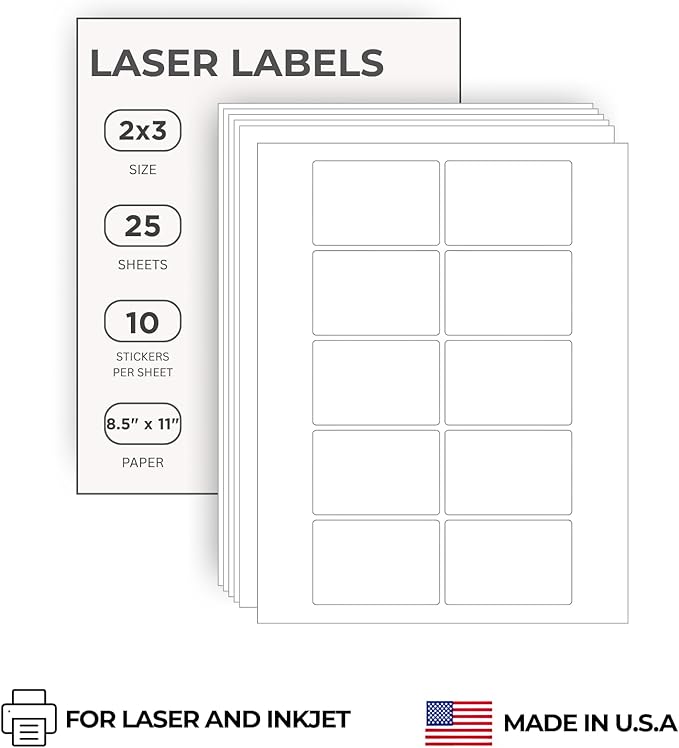 ChromaLabel 2 x 3 Inch Square Label, Printable White Labels, Stickers Compatible with Laser and Inkjet Printers, 250 Printable Label Stickers, White