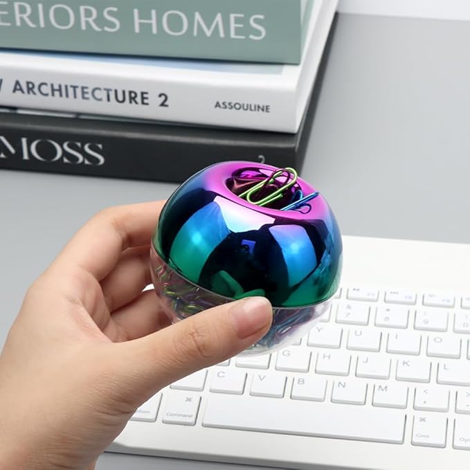 NatSumeBasics Rainbow Paper Clip Holder Iridescent Oil Slick Magnetic Paper Clips Dispenser & 100 Colorful Paperclips Holographic Desk Accessory for Office