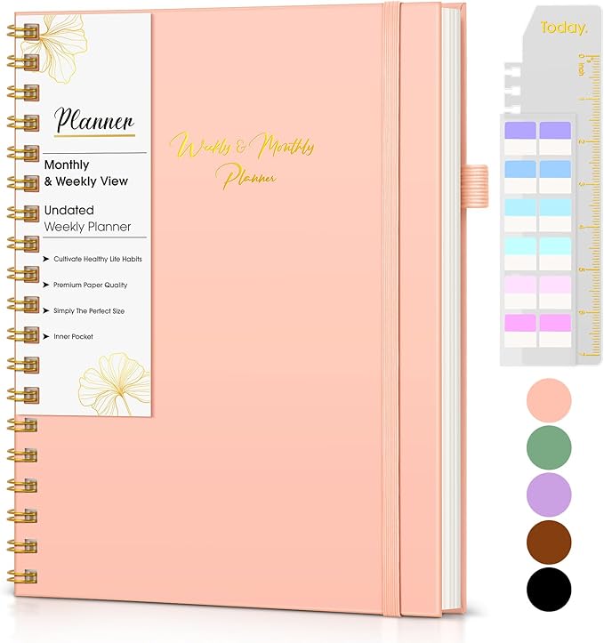 Undated Weekly and Monthly Planner, B5 Large Weekly To Do List Notebook with Goal & Habit Tracker Organizer, Hardcover Spiral Bound Blank Monthly Planners for Work School Home 7.4" x 9.64" Pink