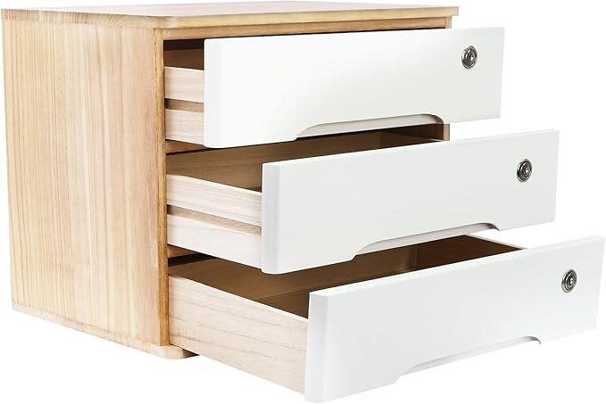 Wooden Desktop Storage Box with Lockable Drawers, Flat File Cabinet Drawer Desktop Storage Box, Countertop Storage Cabinet for Office Home Toiletries Supplies Vanity (natural wood+white, 3 Drawer)
