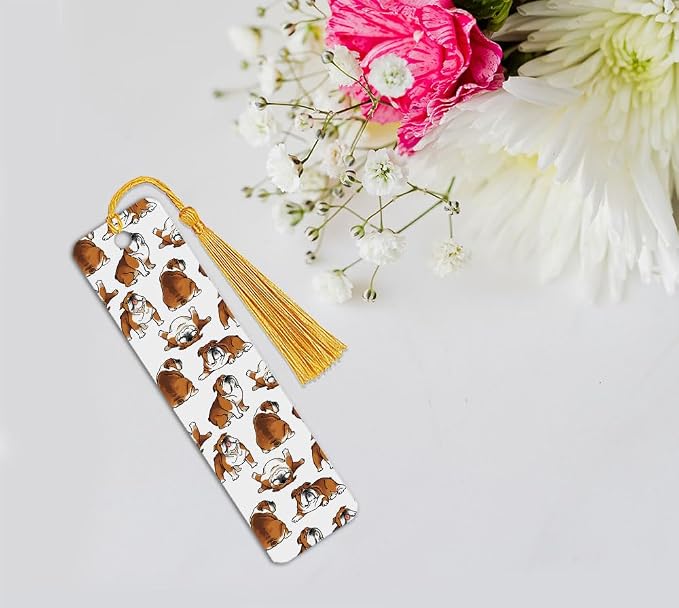 WIRESTER Set of 3 Metal Bookmarks with Light Gold Tassel for Students, Reader, Teachers, Book Lovers - English Bulldog, White English Bulldog, Brindle Brown English Bulldog Funny Playful Postures