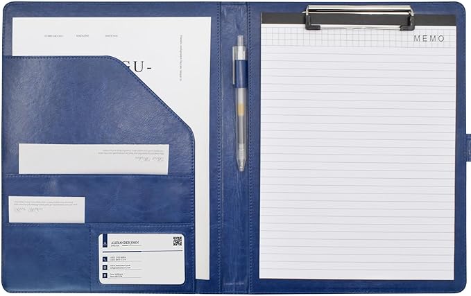 VANRA Padfolio Clipboard Folder Leather Portfolio Binder Organizer Interview Resume Folder for Papers Legal Document A4 Letter Size Writing Pad Notepad Clip Boards with Business Card Holder (Blue)