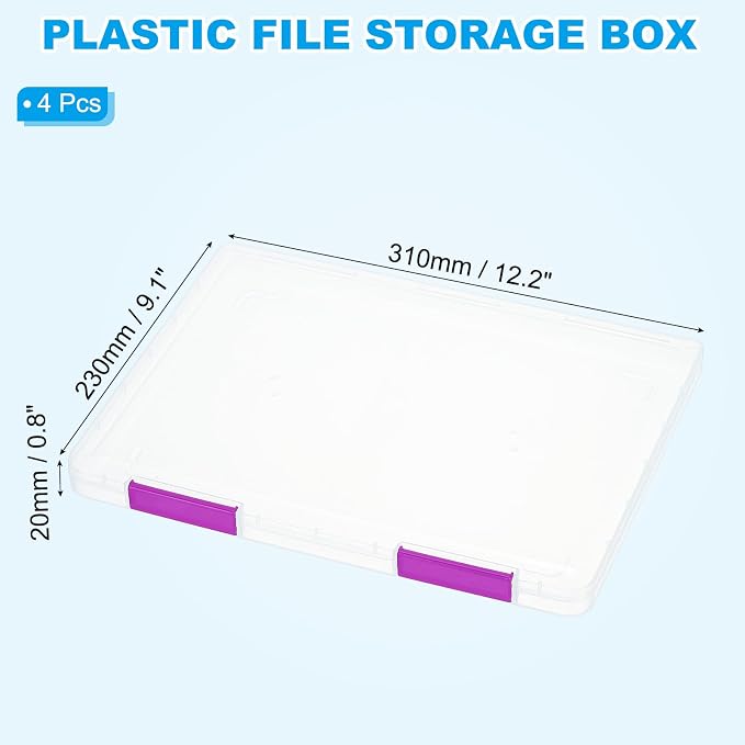 PATIKIL Clear A4 File Portable Project Case with Buckle Plastic Storage Box for 8.5" x 11" Letter Paper Scrapbook Paper Storage Boxes, 4Pcs, 12.2"x9.1"x0.8", Purple