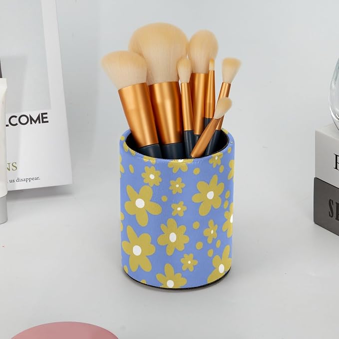 Yellow Flowers Leather Pen Holder for Desk, Multifunctional Desktop Organizer Pencil Cup, Desktop Caddy Stationery Organizer for School Home Office Desk Accessories