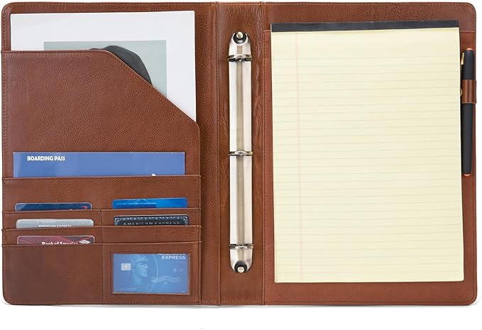 Personalized Genuine Leather 3 Ring Binder, Custom Engraved 8.5 x 11 Letter Size Folio with Pen Holder, Soft Notebook Portfolio Cover, Notepad Padfolio Organizer for Meeting, Brown, Oil Tanned