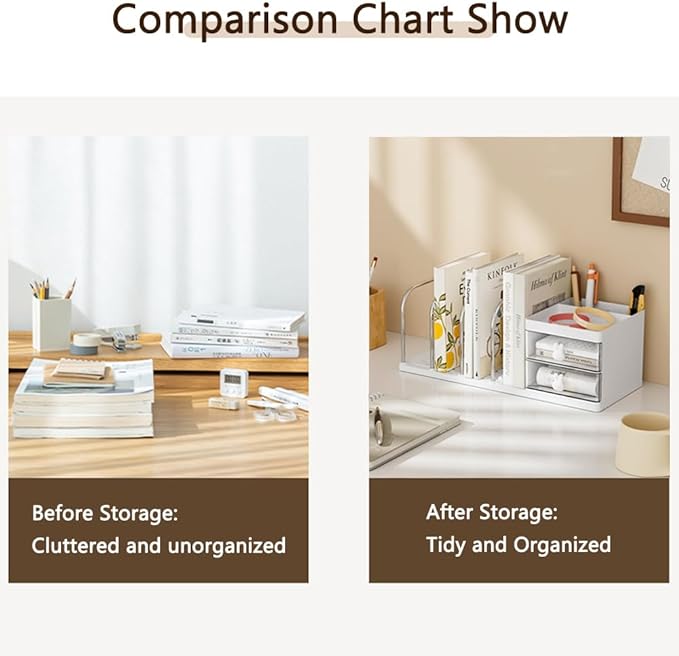 Desk Organizer with Bookends, Desktop Storage Box with 2 Drawers 3 Top Compartments and 4 Bookends, Multi-Functional Desk Accessories Organizer for Home Office School Supplies (White)