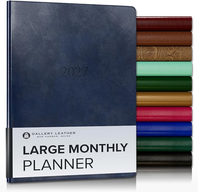 Gallery Leather Large Monthly Planner 2027, Elegantly Bound Calendar Planner and Notebook with Stylish Gold-Gilded Page Edges, 18 Months - Acadia Navy - 9.75x7.5"