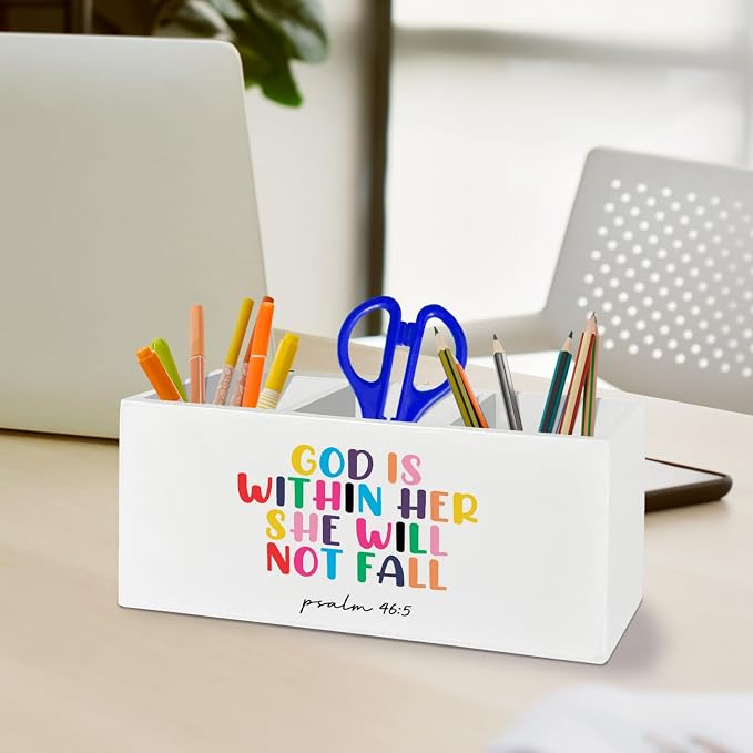 Christian Inspirational Pen Pencil Holder Organizer for Desk Accessories, God Is Within Her She Will Not Fall Bible Verse Wooden Box Sign Desk Decor for Home Office Decoration