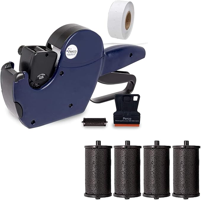 Perco Ink Roll for Perco Pro 1 Line & Perco Pro 2 Line Labelers (Pro Inker 4 Pack) Bundle with Perco Pro 2 Line Price Gun, 8 Digit 2 Line Price Label Gun