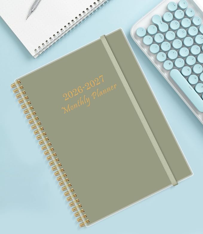 Monthly Planner 2026-2027 – Monthly Calendar from July 2026 to December 2027, 18 Month Planner with Spiral Binding, Inner Pocket, Elastic Closure, 8.5" x 11", Green