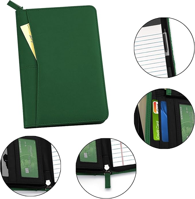 Lcjtop Junior Business Padfolio - A5 PU Leather Portfolio Binder & Zippered Binder Folder with 5 x 8 Writing Pad and Interior Storage Pocket Executive Business Organizer for Women,Dark Green