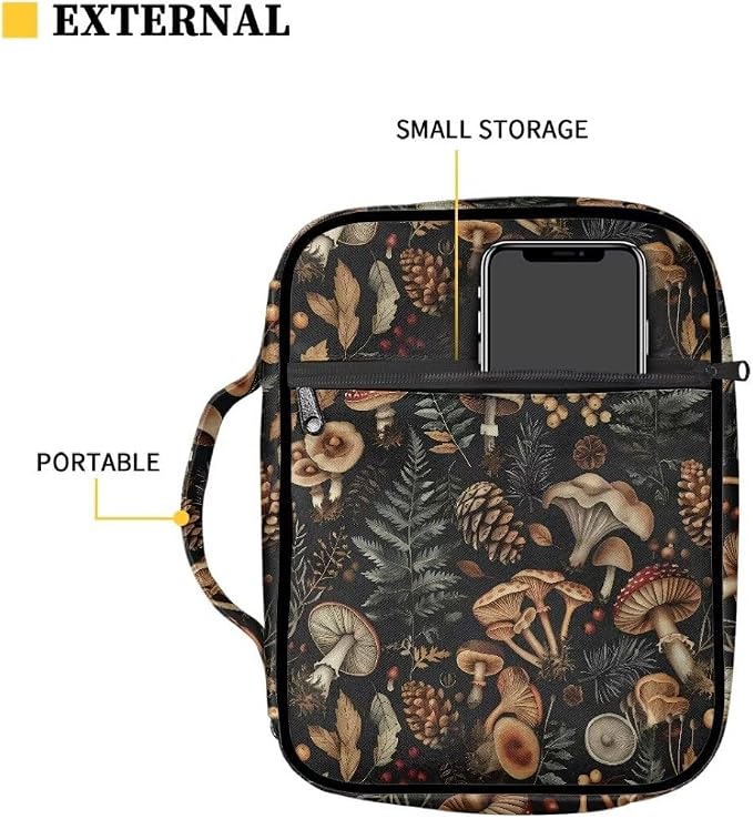 Coldinair Vintage Mushroom Bible Covers Bag for Women Teens Kids,Carrying Book Case Church Bag Bible Holder with Handle and Zippered Pocket