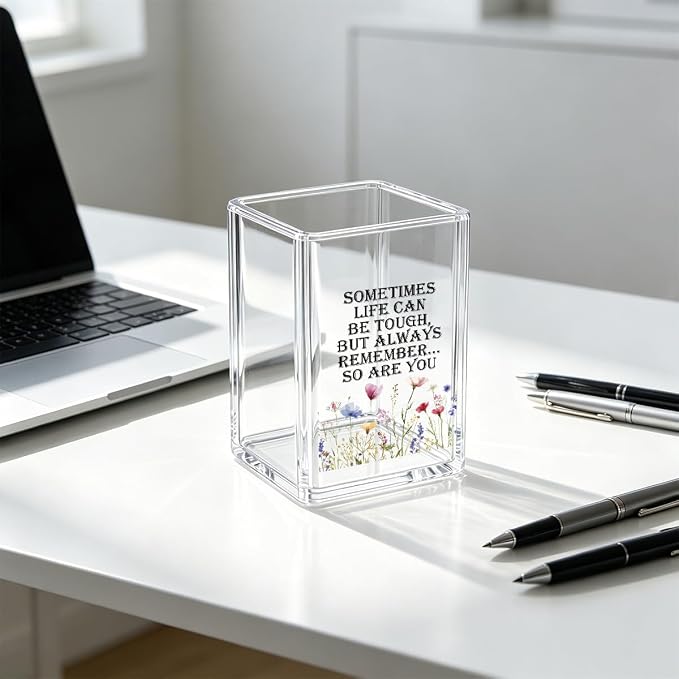 Clear Acrylic Makeup Brush Holder & Pen Holder for Desk - Wildflower Aesthetic Pencil Cup with Motivational Quote - Cute Workspace Organizer, Self-Care Desk Accessories, Gift for Her, Girl Boss