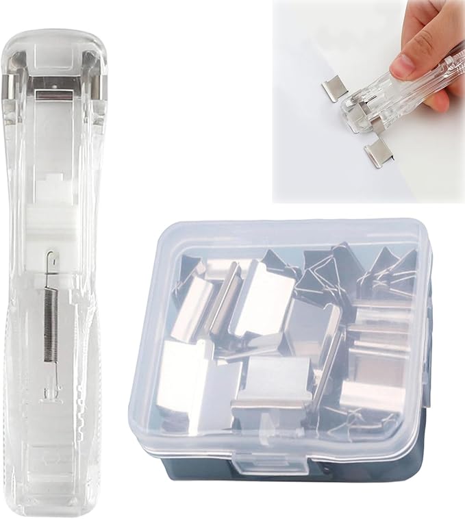 Portable Stapler Book Binding Tool with 50pc Clamps,Multi-Function Paper Fastener for School and Work Organization,Reusable Clip Stapler for Easy Document Organization (Clear)