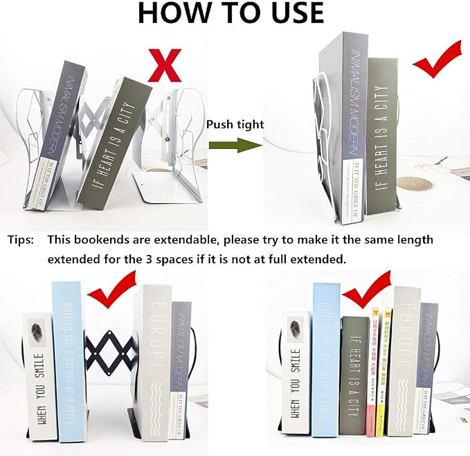 Adjustable Bookends - Nonskid Heavy Duty Book Ends for Desk - Book Stand & Organizer
