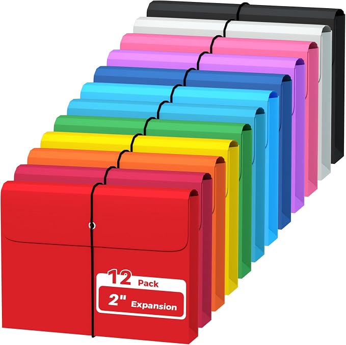 Ansook Plastic File Jackets with Flap & String Tie, 2”Expansion Letter Size Expanding Poly File Wallets, 12 Pack Rainbow Color Manila File Jackets for Office School Home Storage – Assorted Colors