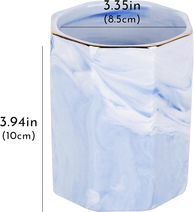 Blue Marble Makeup Brush Holder - Round Ceramic Pencil Container with Gold Rim, Elegant Versatile Organizer for Vanity, Desk, or Bathroom
