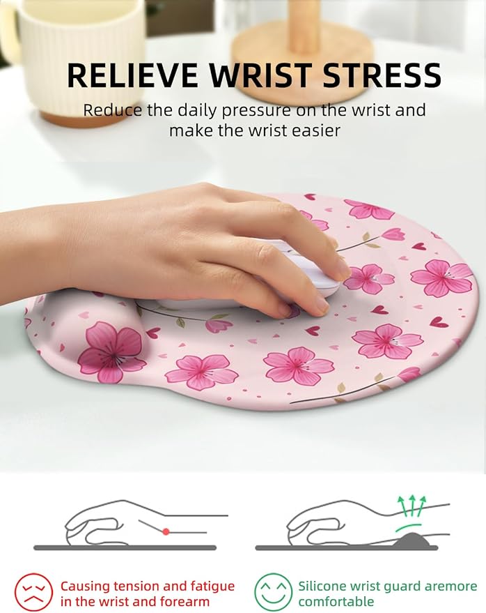 Lily Floral Mouse Pad Wrist Support Wrist Rest, Flower Ergonomic Mouse Pad with Non-Slip Base for Office Gaming Working Computers,Desk Accessories Pain Relief Mouse Mat, Rose Pink
