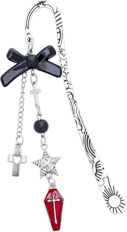 Charm Gothic Bookmark Gifts - Fantasy Unique Dark Aesthetic Silver Chain Tassel Metal Book Mark Black Bow Cross Star Personalized Bookmarks Reading Women Girls Readers Birthday Valentines