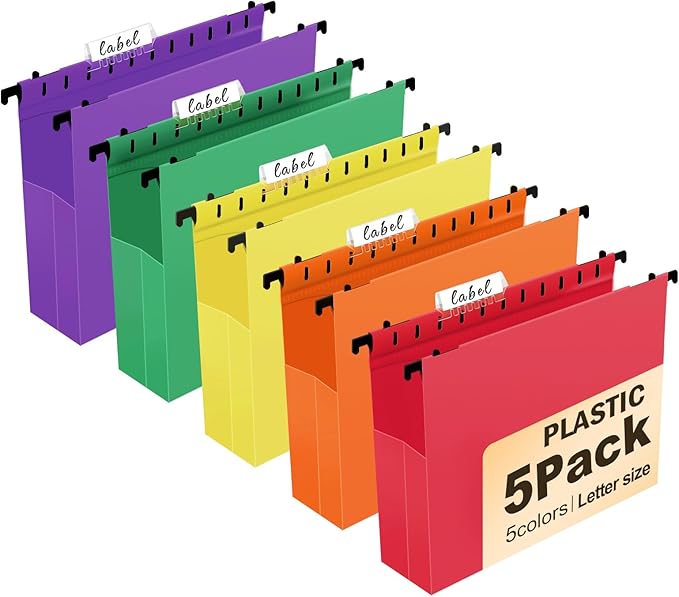 Navona Plastic Hanging File Folders, 5 Pack Extra Capacity 2" Expanding Pockets, Heavy Duty Letter Size with Clear Tabs, 5 Assorted Colors for Home Office Filing Cabinets
