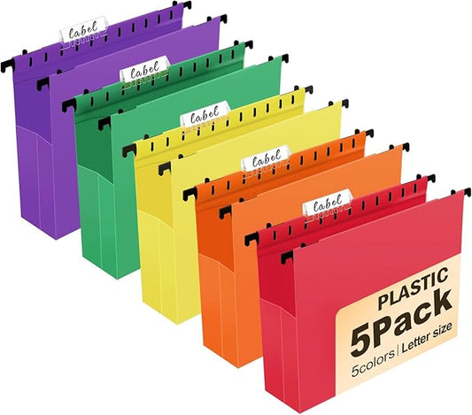 Navona Plastic Hanging File Folders, 5 Pack Extra Capacity 2" Expanding Pockets, Heavy Duty Letter Size with Clear Tabs, 5 Assorted Colors for Home Office Filing Cabinets