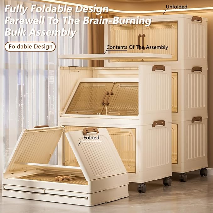 Thick Foldable Storage Bins with Wheels, Closet Organizers with Lid, Multi-Layer Stackable Organizer for Living Room, Bedroom, Kitchen, Office, Dorm