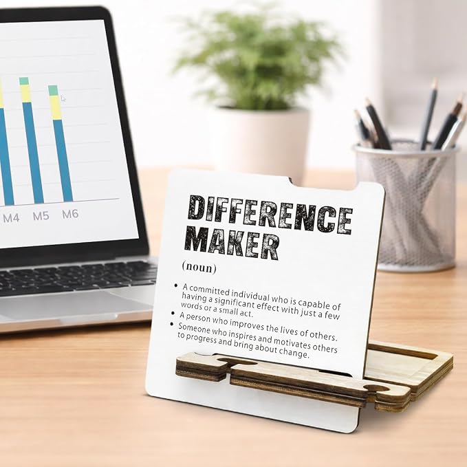 Difference Maker Appreciation Gifts for Teacher Coach Mentor Boss Leader Coworkers Employee Staff - Multi-functional Desk Organizer - Motivational Office Quote Wooden Sign for Office Desk Shelf Decor
