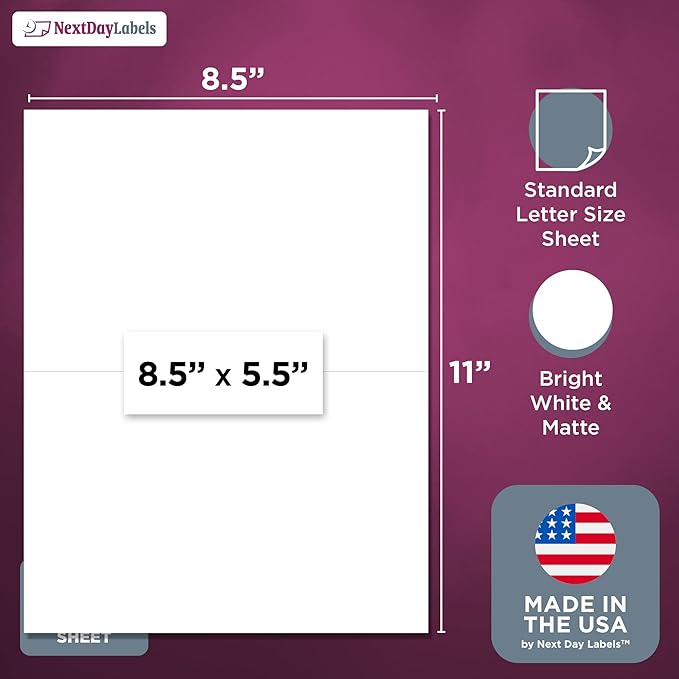 NextDayLabels 8.5x5.5 Half Sheet Stickers White Blank Labels for Laser Inkjet Printer - 2 Per Page Self-Adhesive Shipping Packaging Product Made in USA - 50 Labels