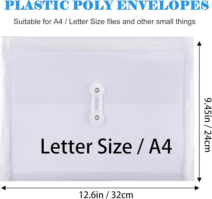 A4 Letter Size Plastic Poly Envelopes with Button and String Tie Closure, 1-1/4" Expansion Clear File Folders Side Loading Documents Organizer for Home School and Office Supplies (10)