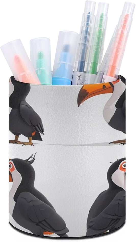 A Friendly Toucan Pencil Holder Round Pen Cup Different Poses PU Leather Marker Holder Makeup Brush Holders Desk Accessories Workspace Organizers for Home School Office