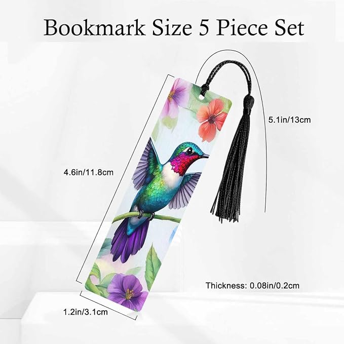 Cute Hummingbird Bookmarks Set 5 with Tassels Watercolor Flower Bird Wooden Bookmarks for Reading Women Men Students Teachers School Supplies